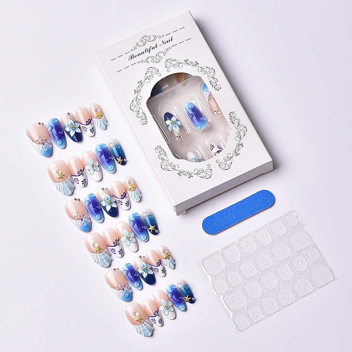 30Pcs Summer Beach Press On Nails Medium Almond French Tip Blue Ombre Fake Na…