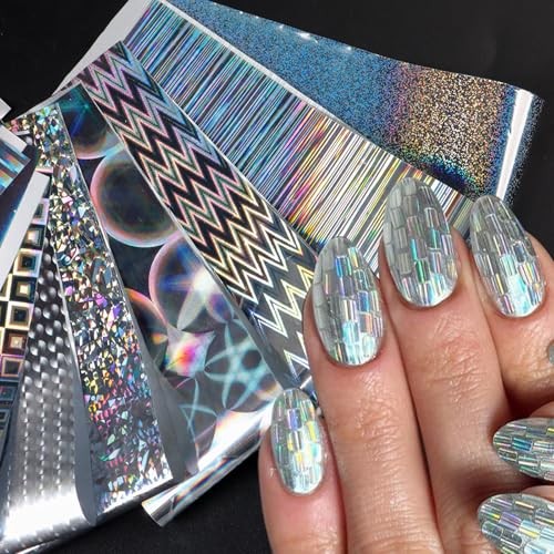 10 Sheets Holographic Nail Art Foil Transfer Stickers, Iridescent Laser Style-1