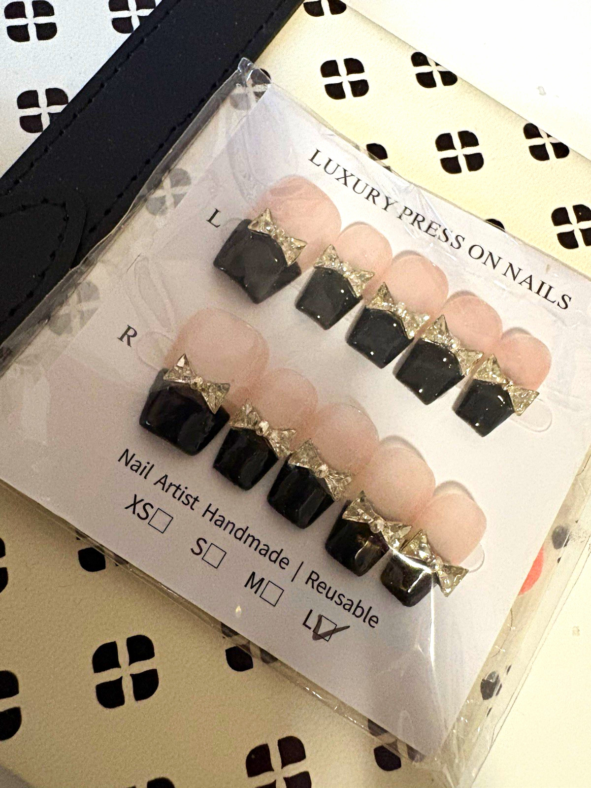 Press-On Nails Black 3D Rhinestone Bow Square Handmade Reusable Set Size M & L