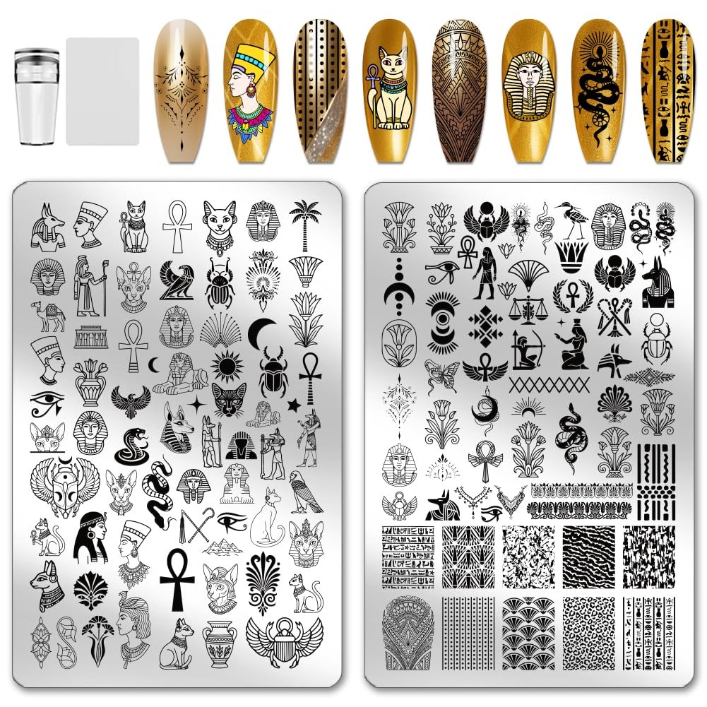2pcs Egyptian Elements Nail Stamping Plates Cats Snakes Nails Art Stencils Ph…