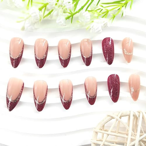 Medium Press on Nails Almond Burgundy Burgundy French Tip & Silver Glitter