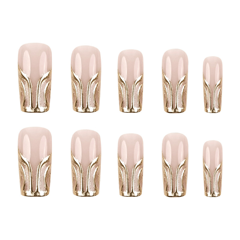48pcs Long Square Press on Nails, Nude Gold Wave Metallic Gloss Elegant Nails