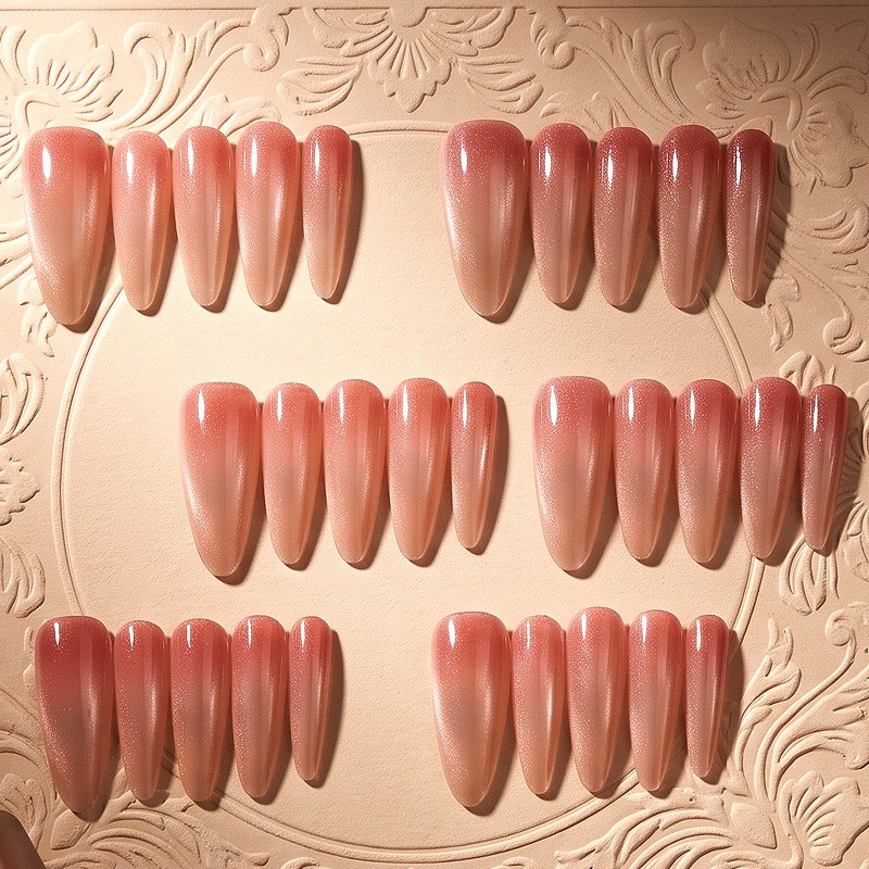 60Pcs Pink Silver Gradient Cat Eye Almond Press on Nails, Glossy Nude Fake Nails