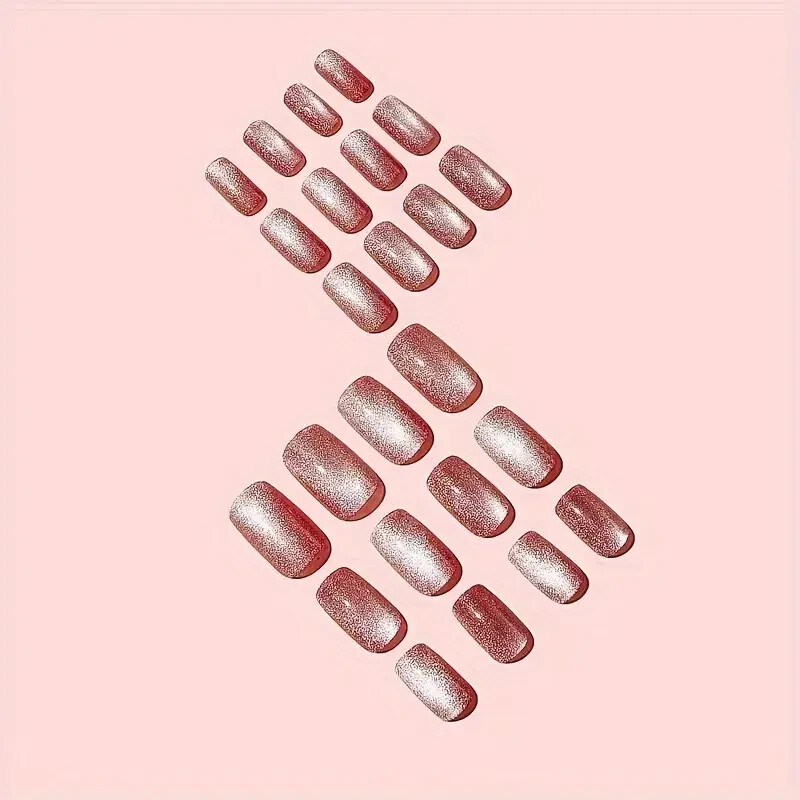 24Pcs Glitter Press On Nails Medium Square Glitter Fake Nails Pinkish Cat Eye Wi