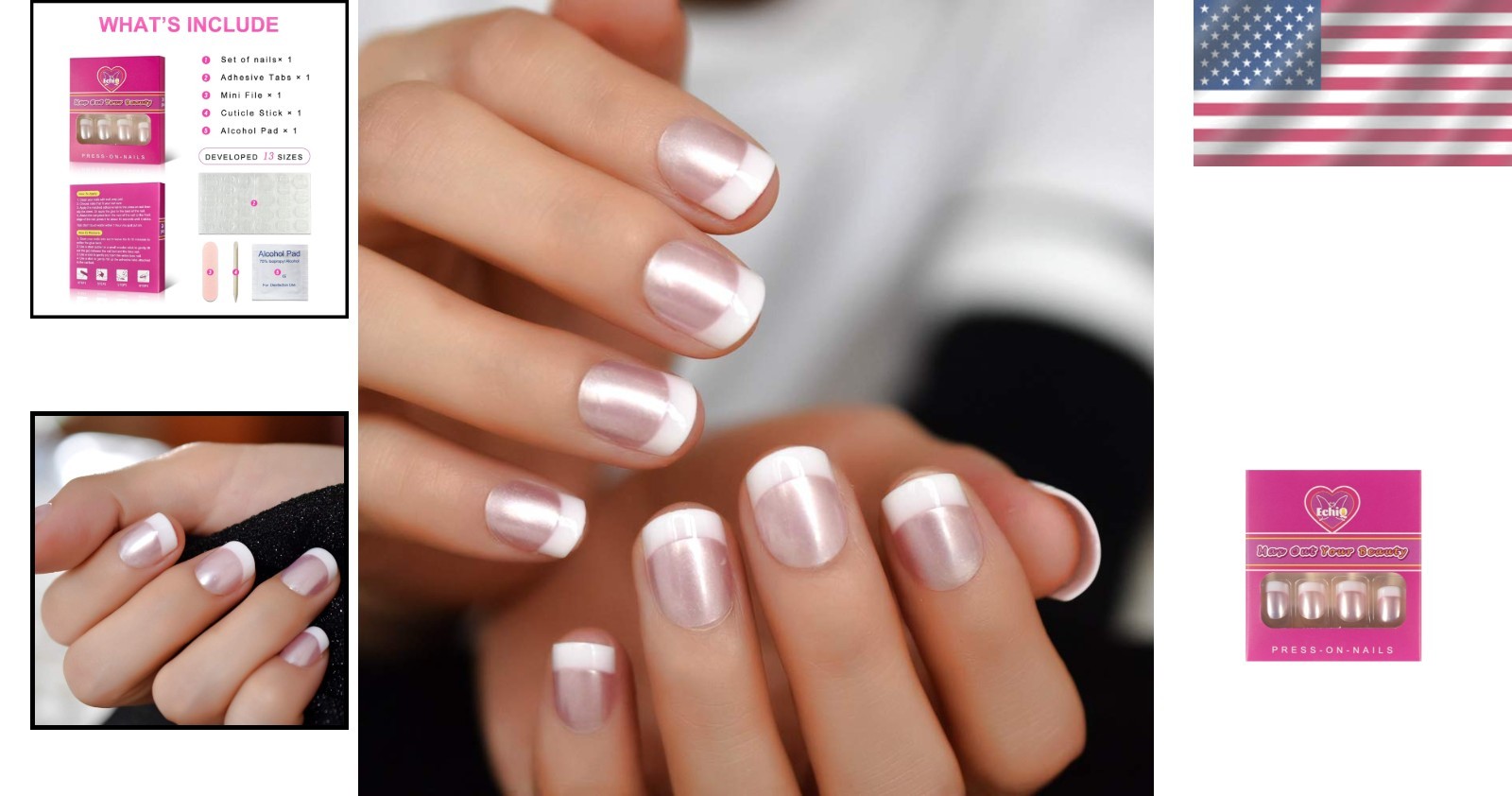 Elegant Pearl Shine Pink Fake Nails – 24 Glossy French Tips for Effortless Style