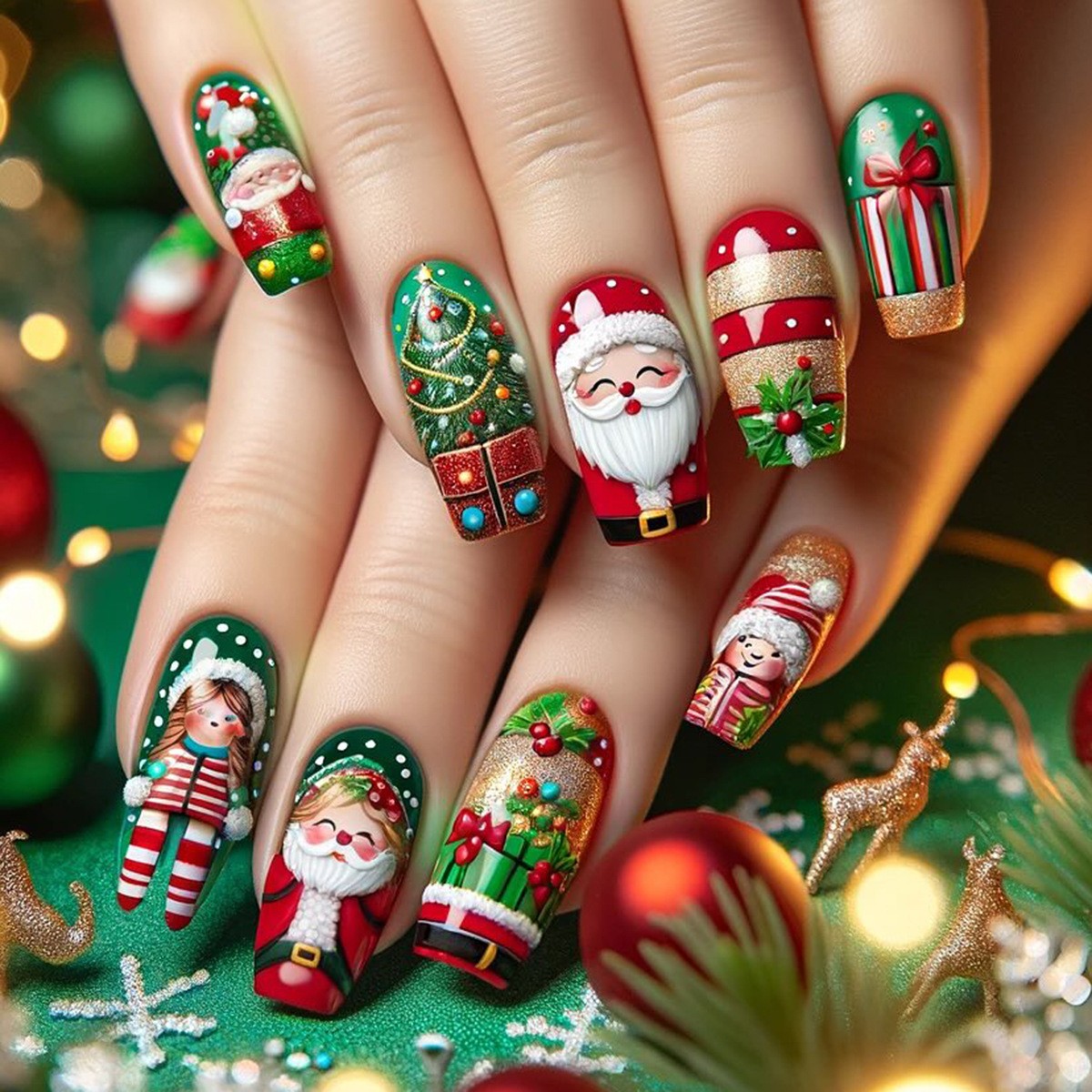 216pcs Christmas Press on Nails Santa Snowman Reindeer Festive False Nails 9Pack