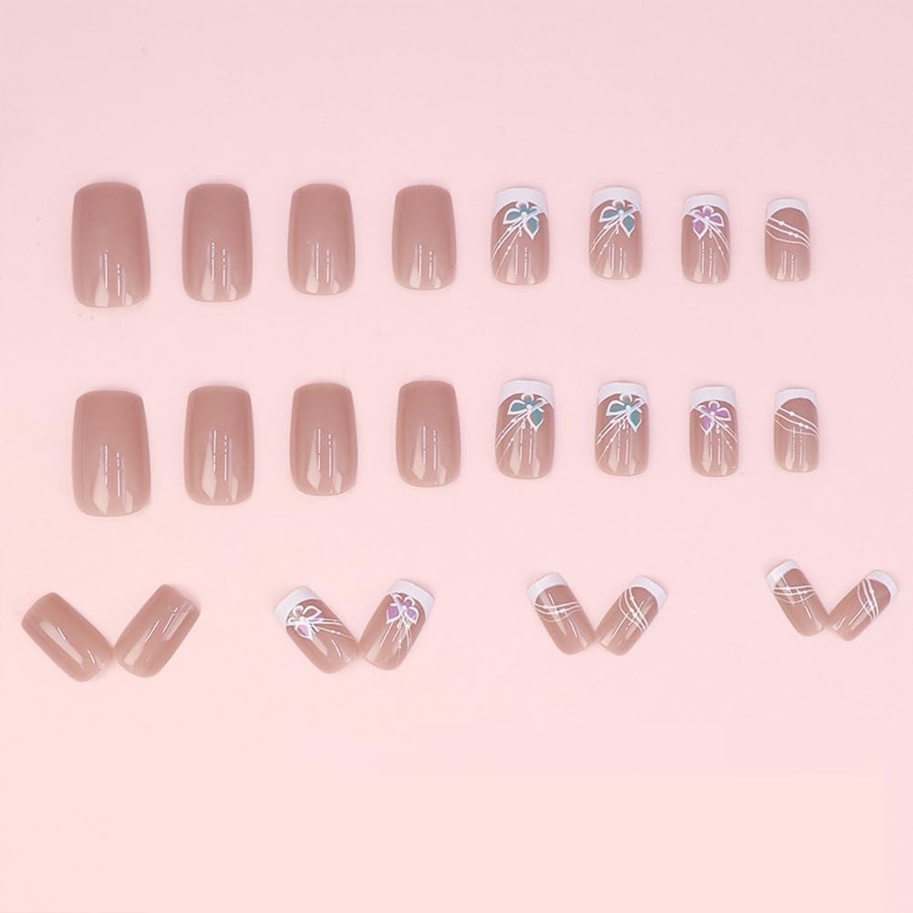 Short Press on Nails with Butterfly Style Design Full Cover Acrylic Fake blue