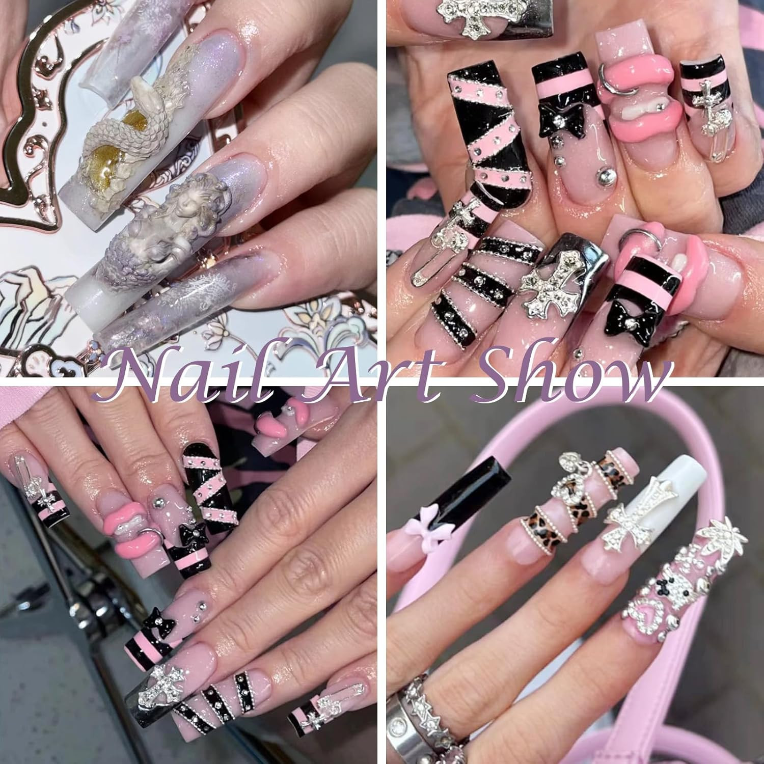 4Pcs Gothic Silicone Nail Art Molds, 3D Rose, Snake, Bones, Cross, Collar, Skull