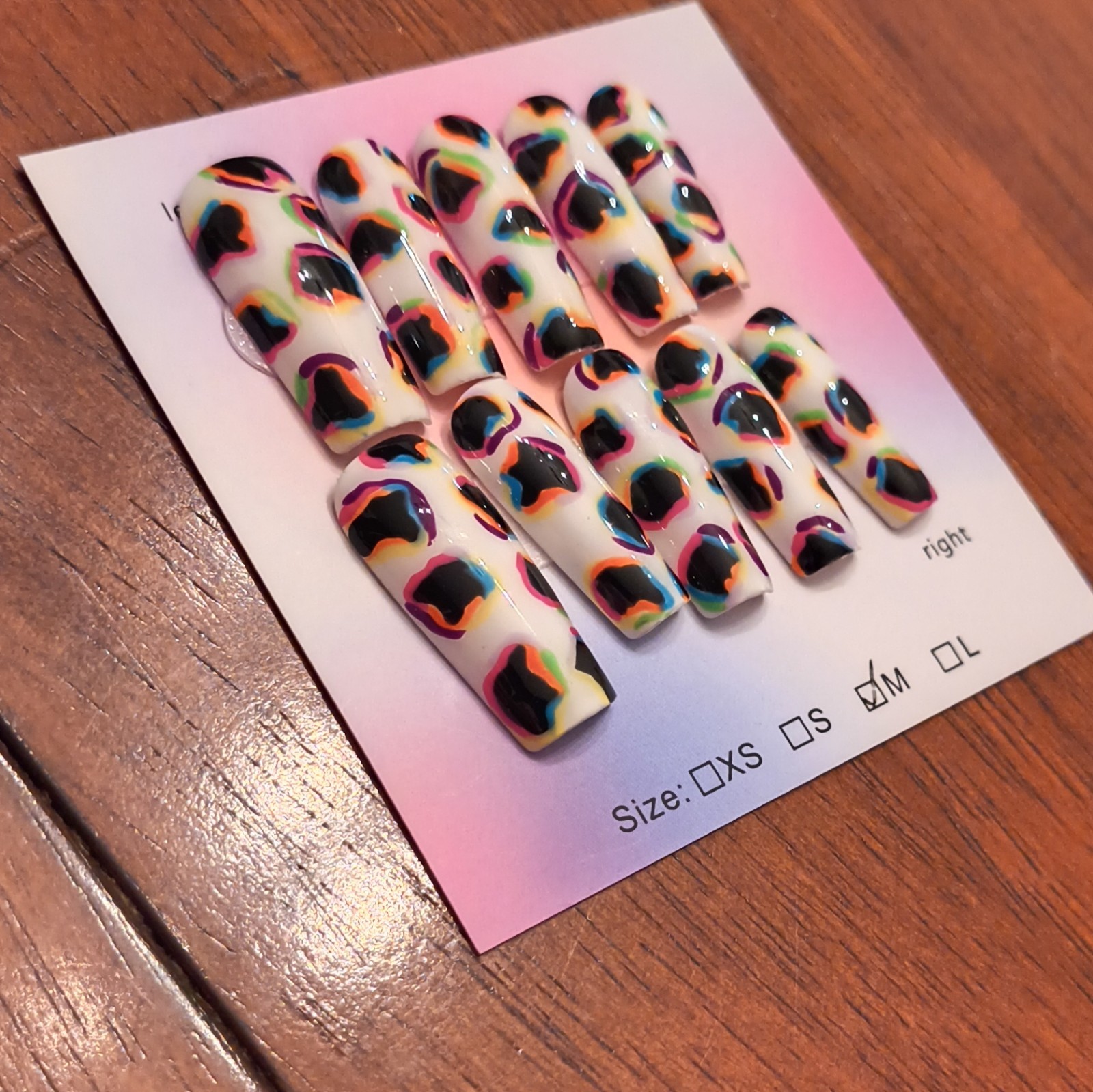 Press-On Nails Size M Coffin White/Black Multicolor Shiny Leopard Full Cover