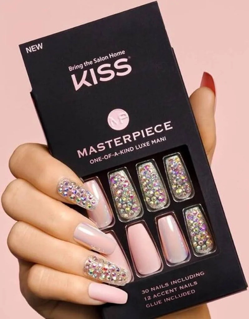 KISS Masterpiece Luxe Press-On Nails – Pink & Crystal Rhinestone Glam Set X2
