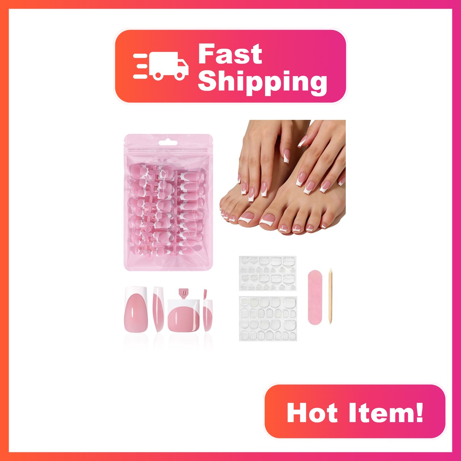 YeeLam Glossy-French-White Medium Press On Nails