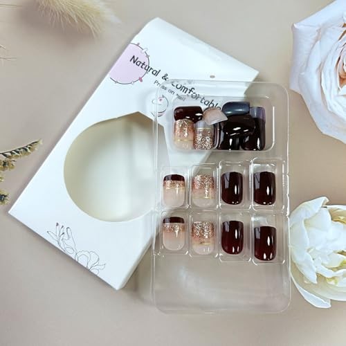 Press on Nails Short Length False Nails with Gold Foil Design Brown French