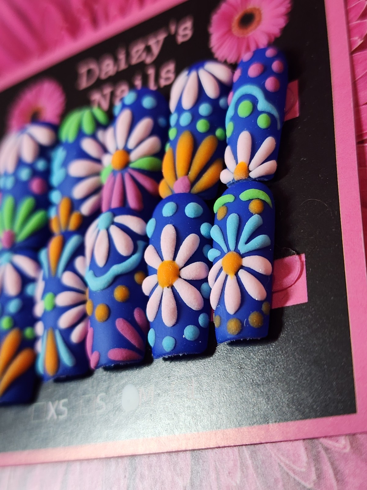 Medium Size Blue Matte 3D Daisy Nail Set Handmade Square 2.5 Cm Length