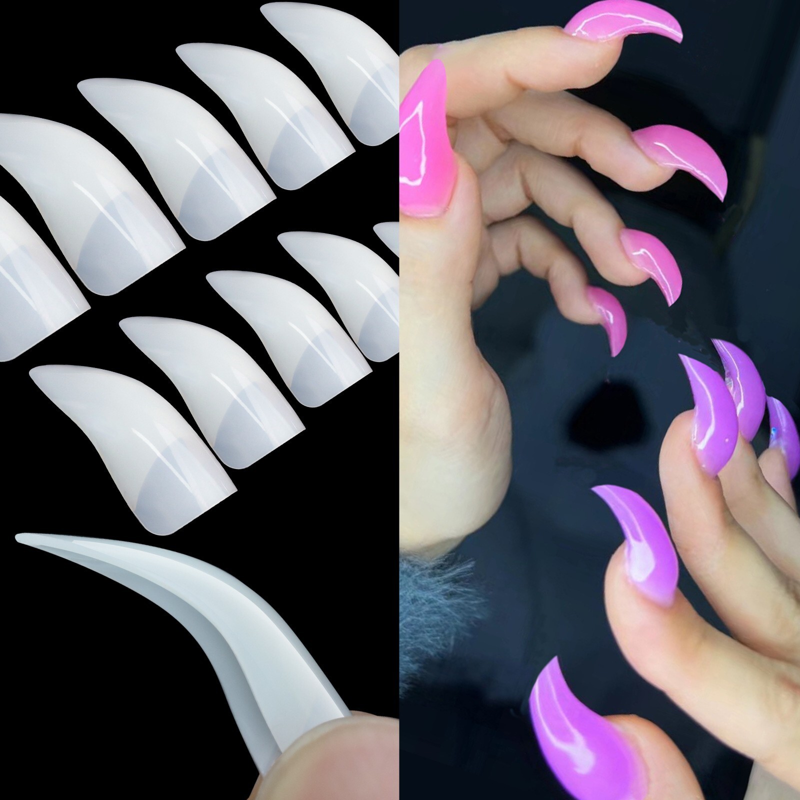 100pcs/Box Eagle Claw Stiletto Shape False Nail Art Tips Natural Clear 10 Sizes
