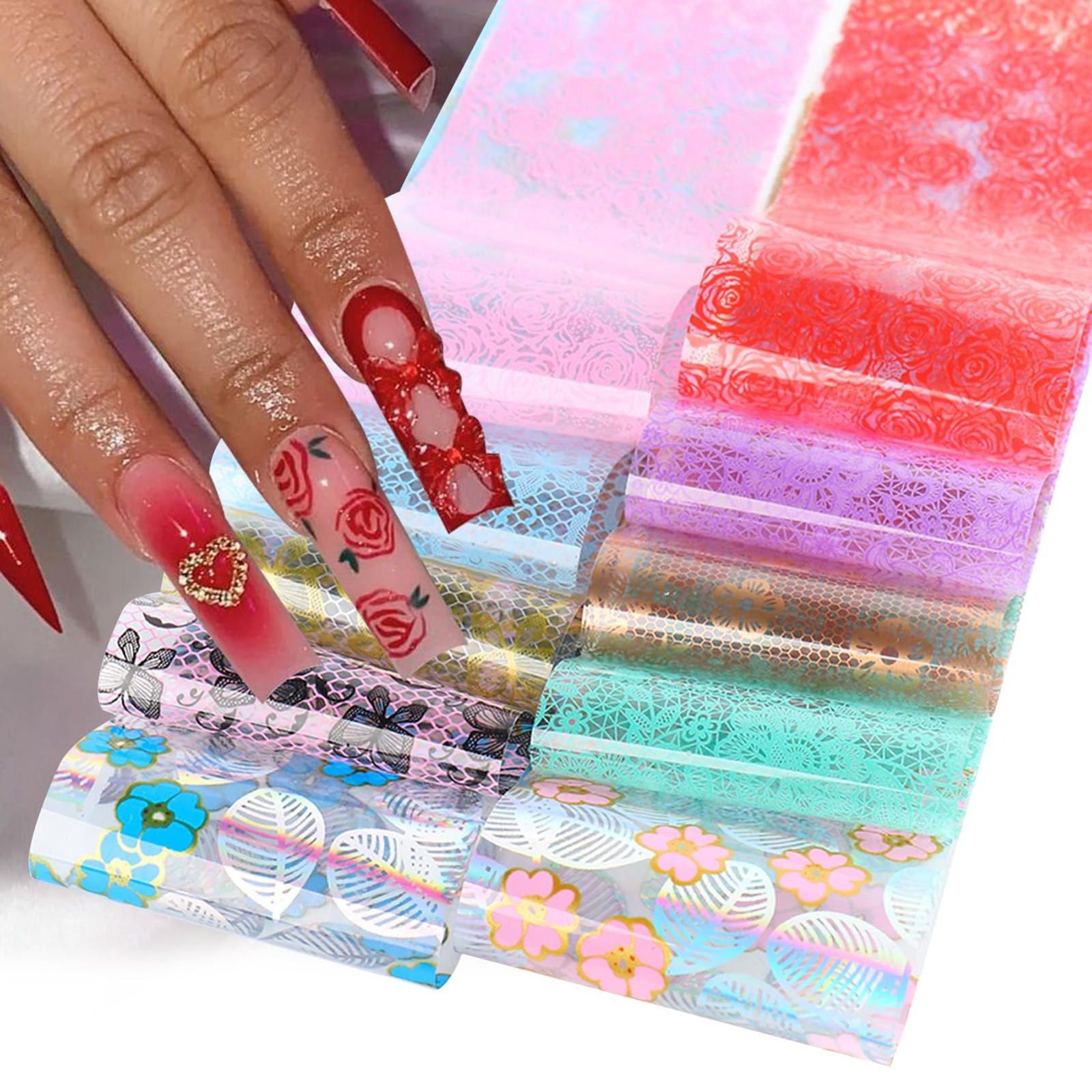 Rose Flower Nail Foil Transfer Nails Art 50PCS Valentine’s Day Nail Art Foils…