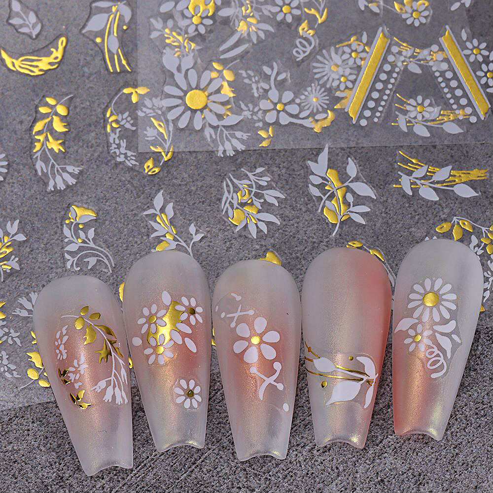 Daisy Flower Leaf Lines Nail Stickers Butterfly Love White Gold Flowers Branch