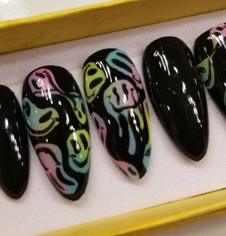 Custom Press On Nails Black Distorted Smileys Rainbow Ombre Trippy Almond
