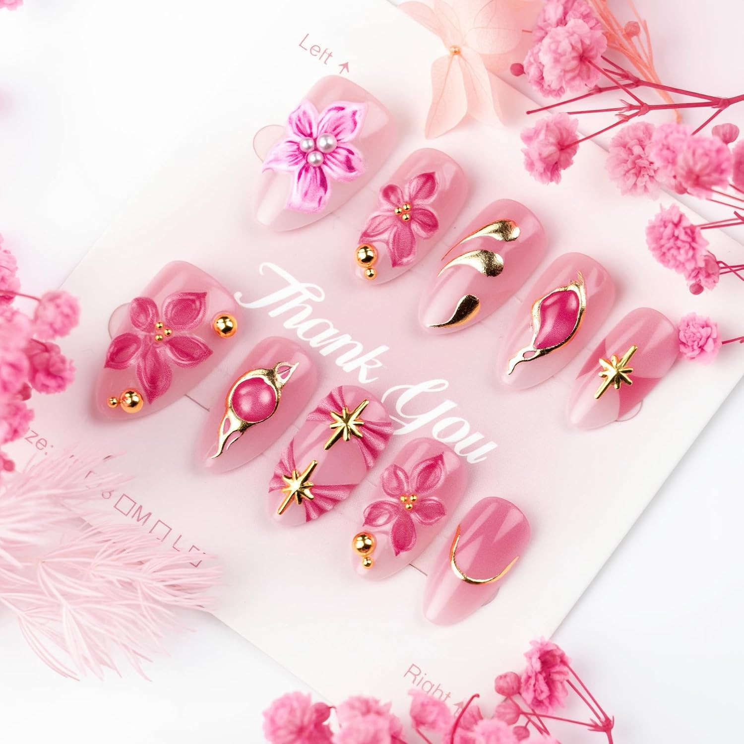 24Pcs Pink Summer Press on Nails Medium Almond Fake Nails with 3D Gold Beads Pin