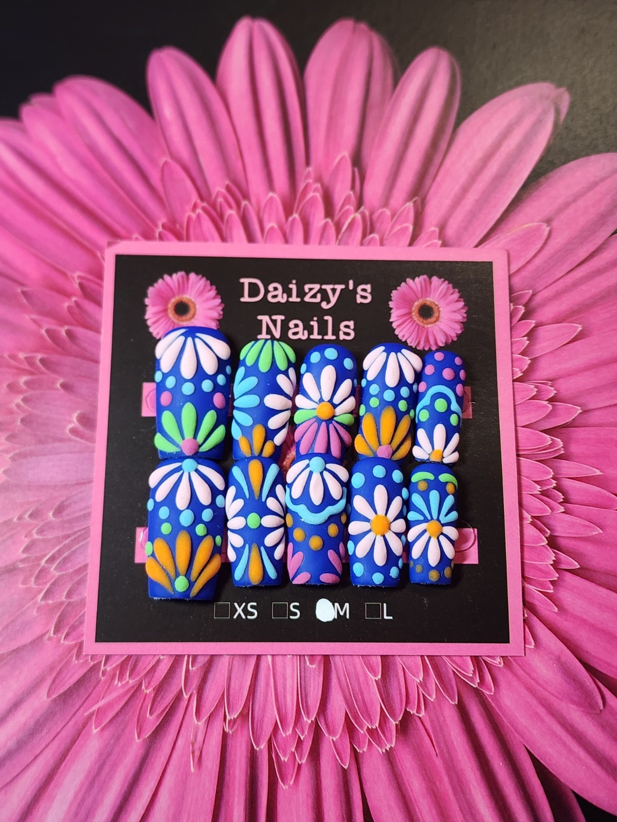 Medium Size Blue Matte 3D Daisy Nail Set Handmade Square 2.5 Cm Length