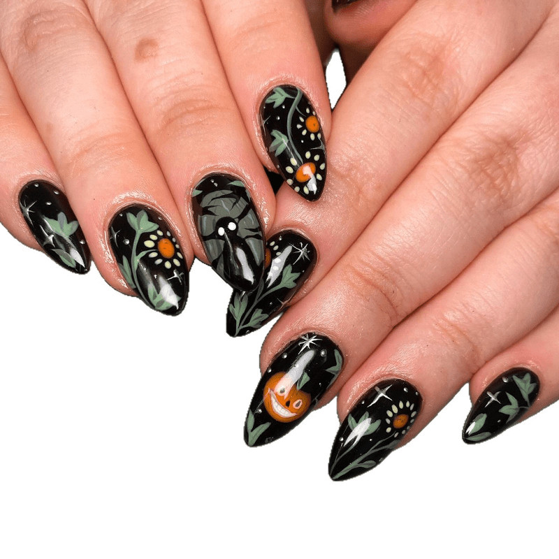 48Pcs-Long Almond Black Base Green Botanical Pumpkin Halloween Press on Nails