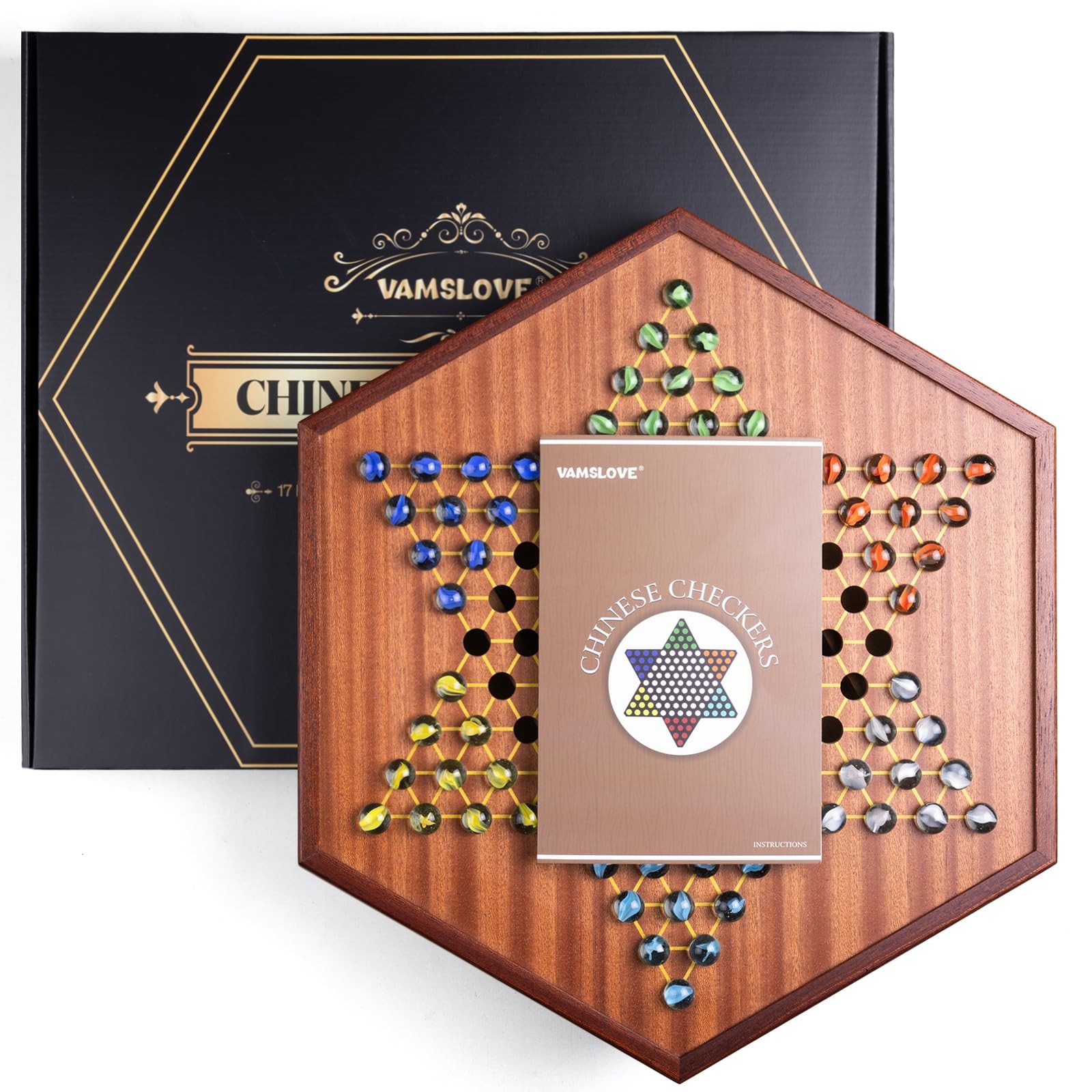 VAMSLOVE Large 17″ Chinese Checkers Board Game for 2-6 17 inches by 15