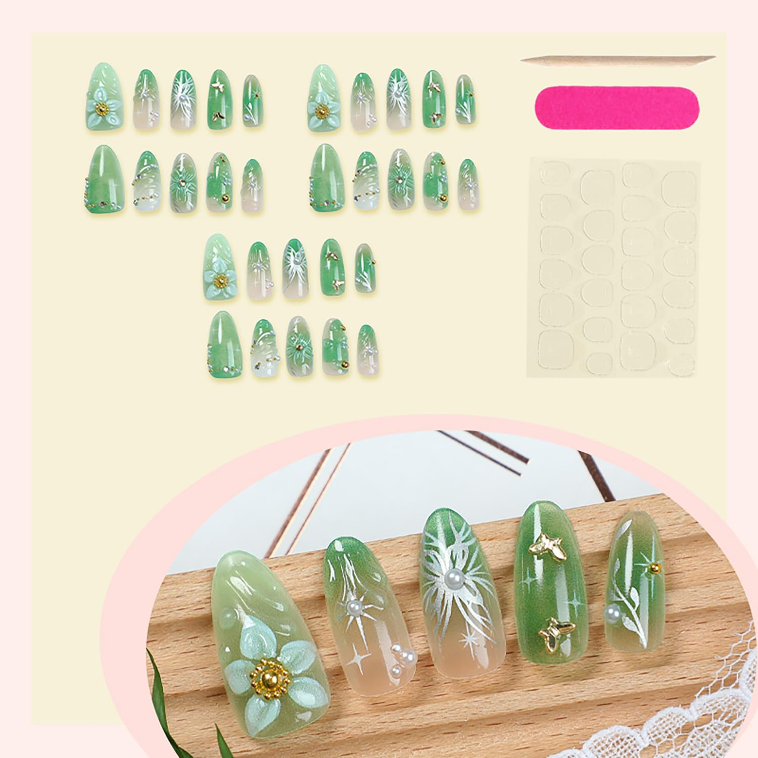 30Pcs Green Press on Nails Medium Almond Fake Nails with 3D Pearl Gold Beads Des
