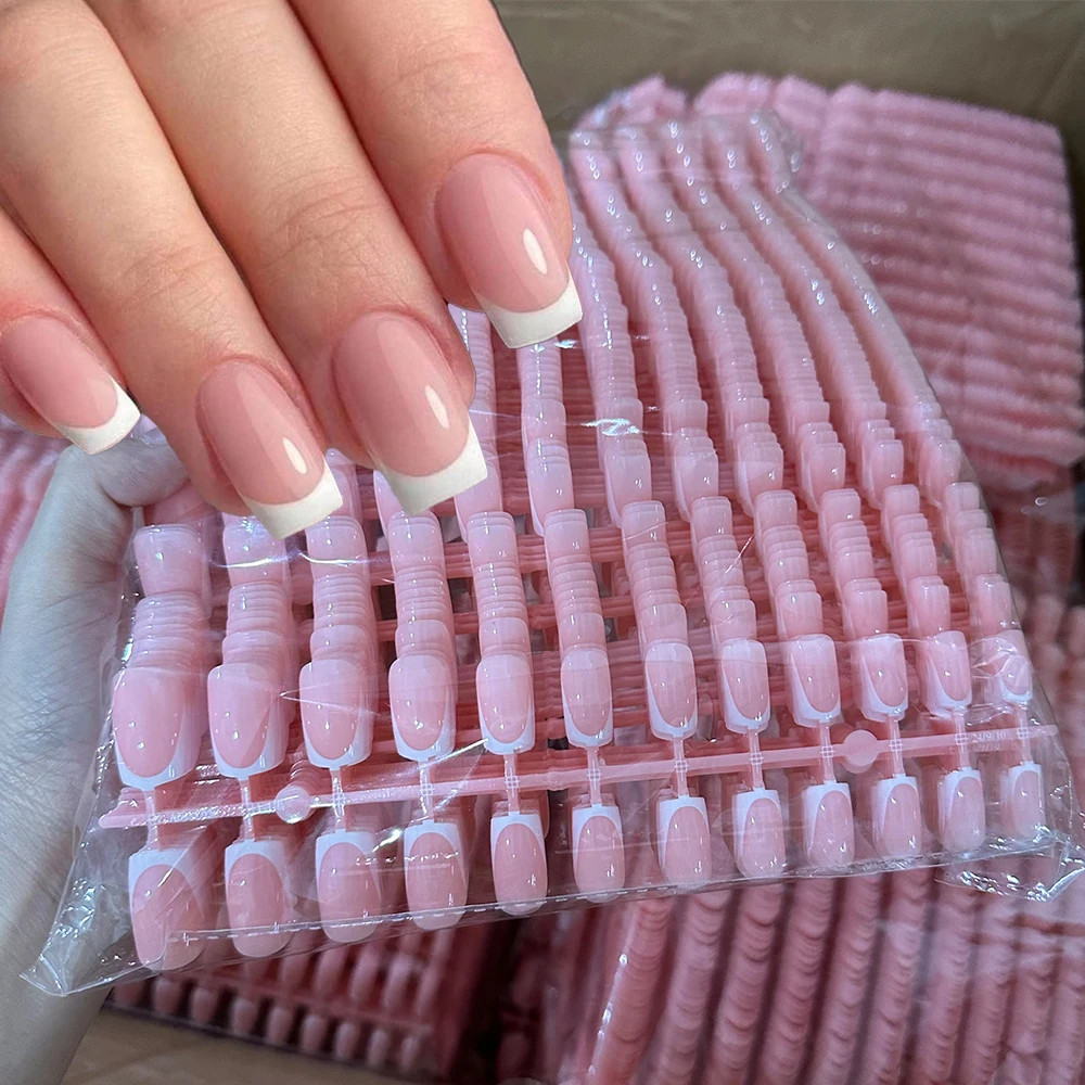 120Pcs Short Square Coffin French Fake Nails Glossy Pink Full Cover Press on