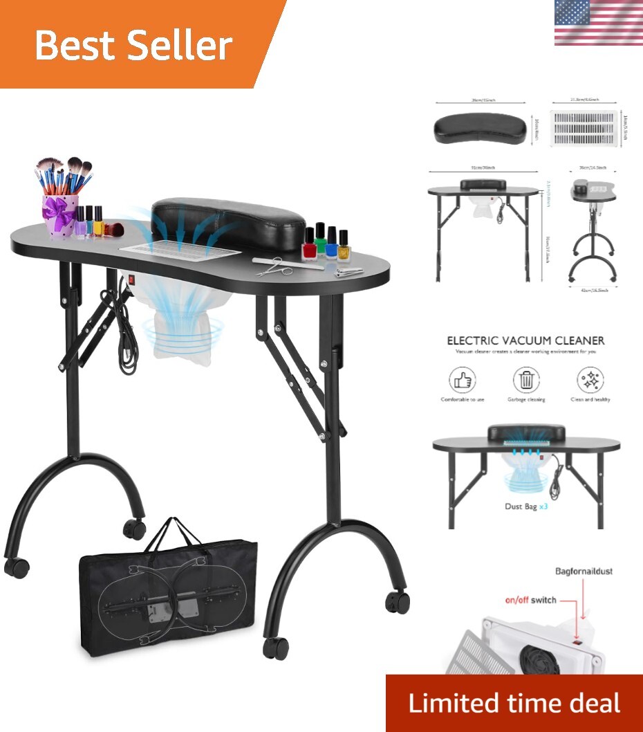Portable Professional Nail Desk: Folding Vented Manicure Table 35″x16″ – Black