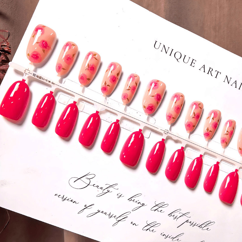 60pcs Almond Press on Nails, Wine Red Solid Blush Rose Floral Glossy Nails
