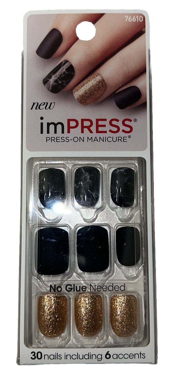 Kiss Nails Impress Press On Manicure #76610 Yeah Boy (Black Marble Gold Glitter)