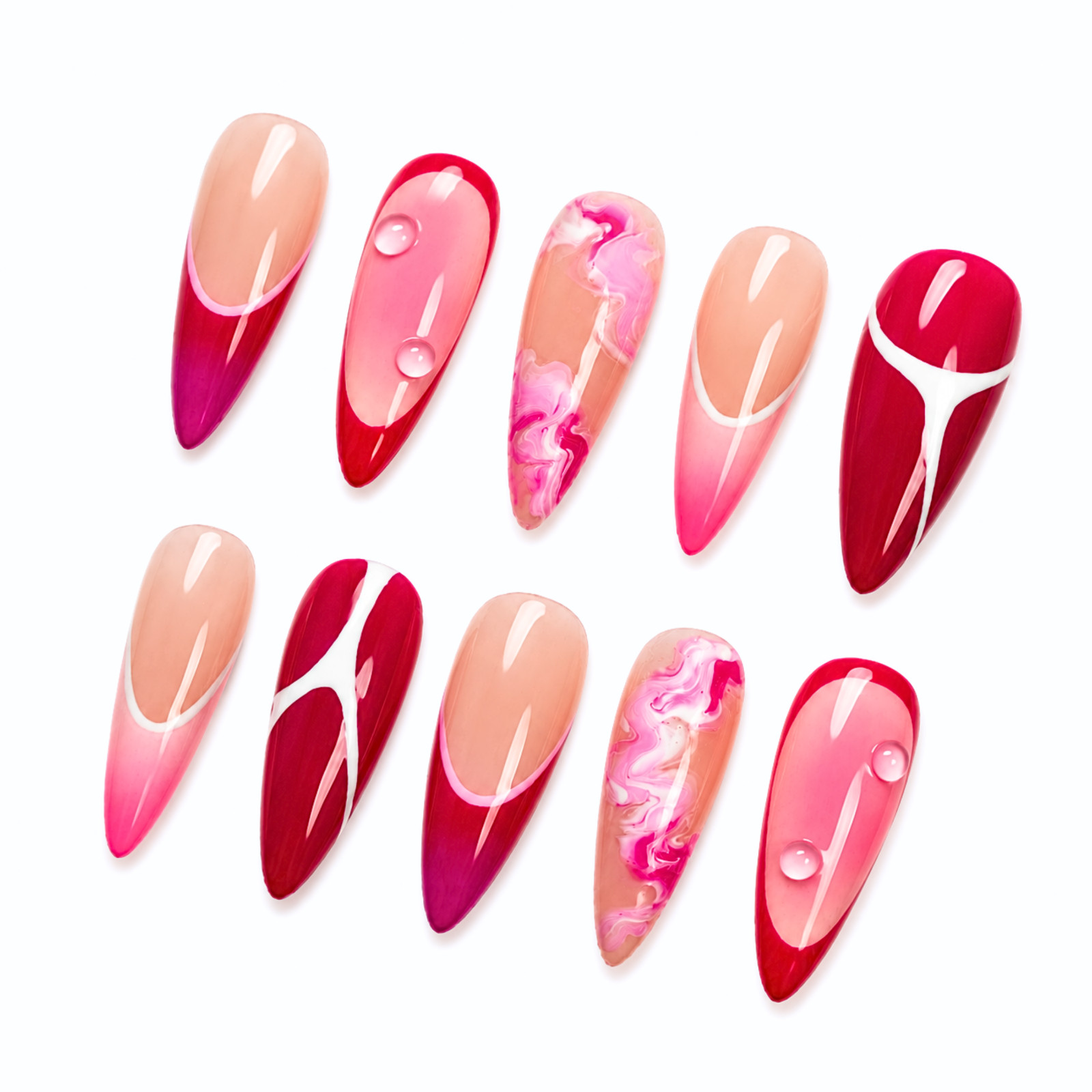 Handmade Pink Red Nude Swirl Press-On Nails Glossy Custom Nail Set