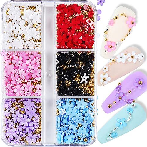 3D Colorful Flower Nail Charms White Pink Blue Purple Black Flowers Acrylic