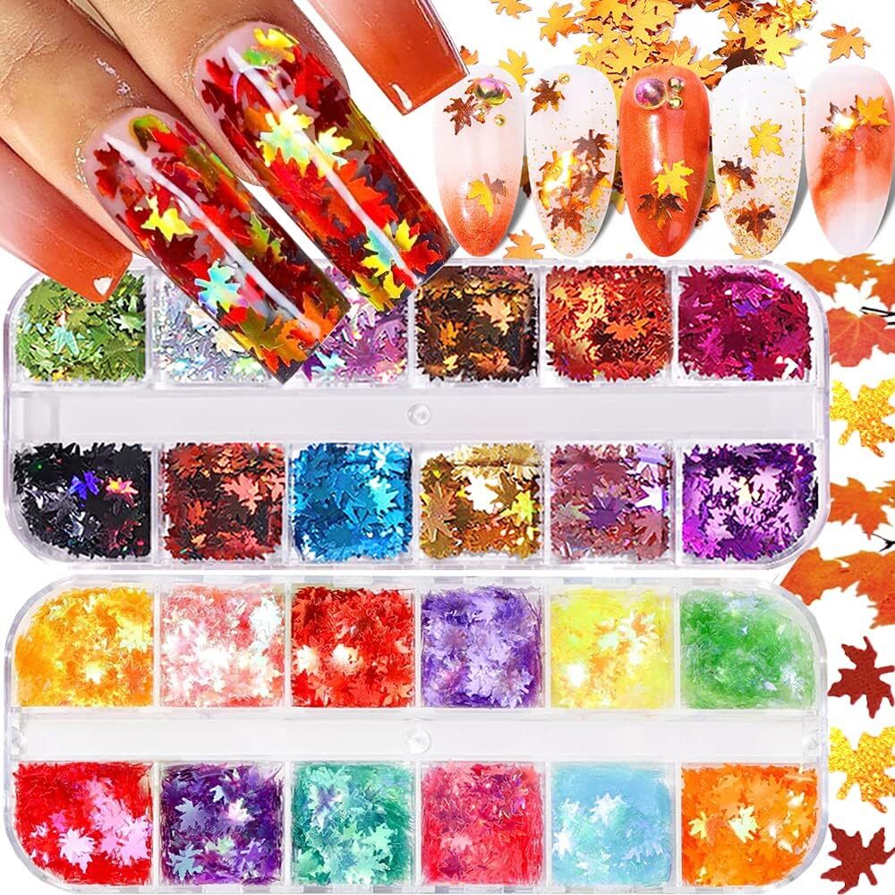 Fall Leaf Glitter Nail Sequins, 24 Colors Holographic Maple Leaf Nail Art Flakes