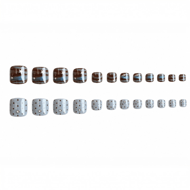48 Pcs Star Rhinestone Grey Blue Toe Press on Nails, Minimal Nude Fake Nails