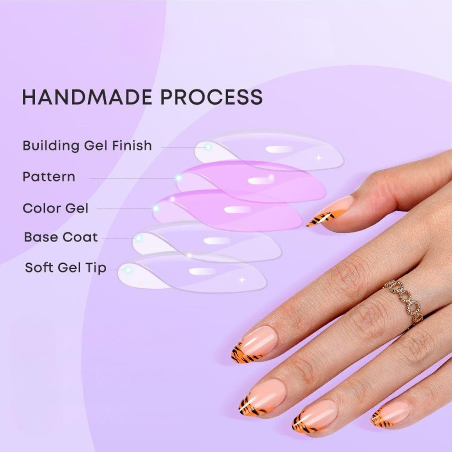 French Tip Press on Nails Short Almond Fake Nails with Orange French Tip Leop…