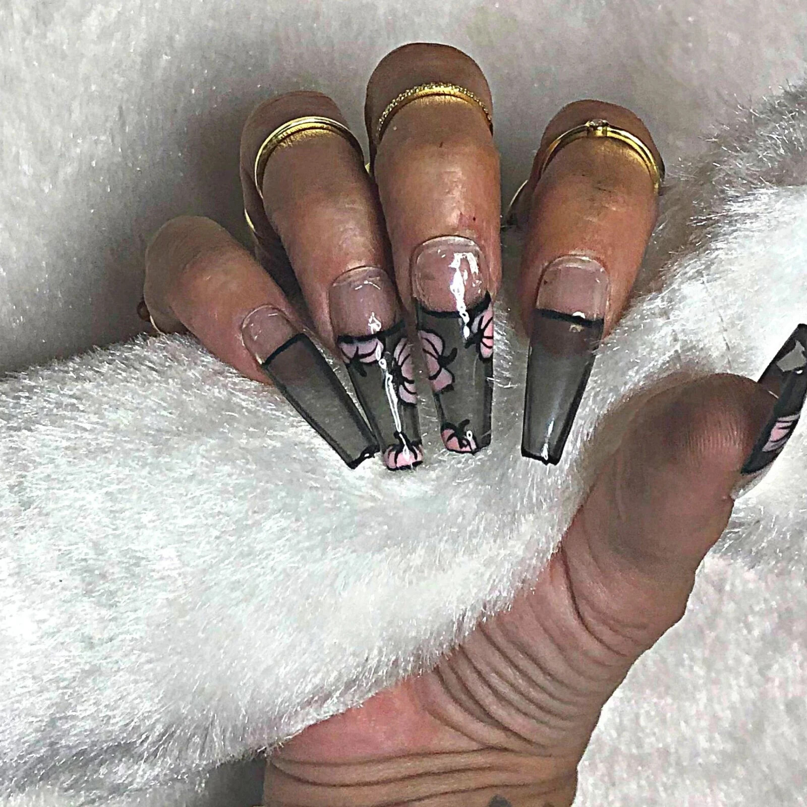 Pink pumpkins on sheer black- Press on nail set- Size 0-8, Ex-long Ballerina