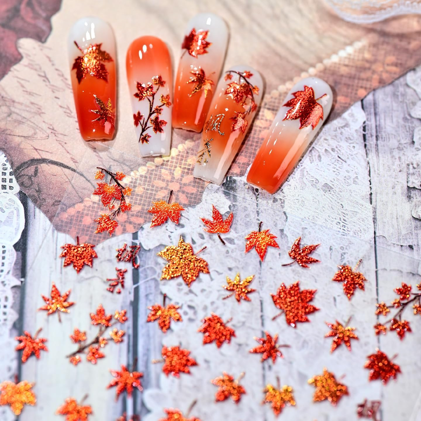 1 Sheet 5D Embossed Autumn Maple Leaves Nail Stickers for Nail Art Thanksgiving