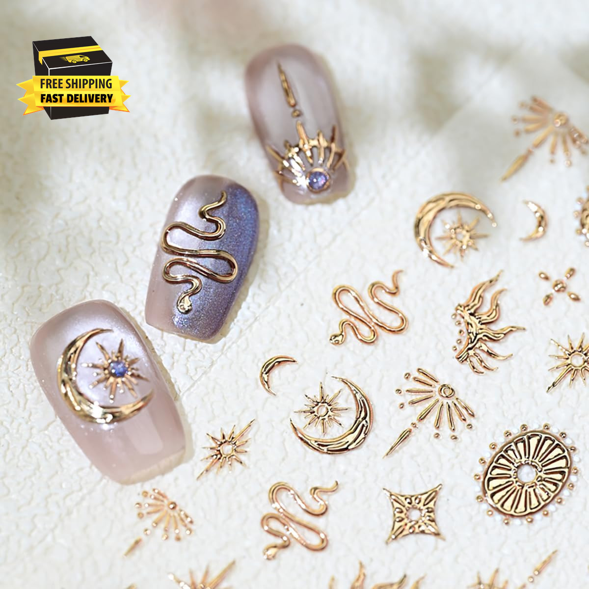 1 Sheets Embossed Star Nail Stickers for Nail Art Gold Snake Nail Decals 5D Self
