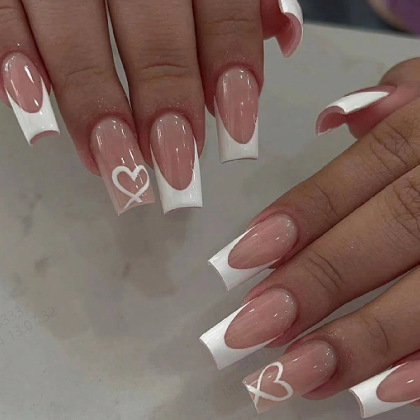 24pcs Short Square Press On Nails Cute Bride Heart White French Tips False