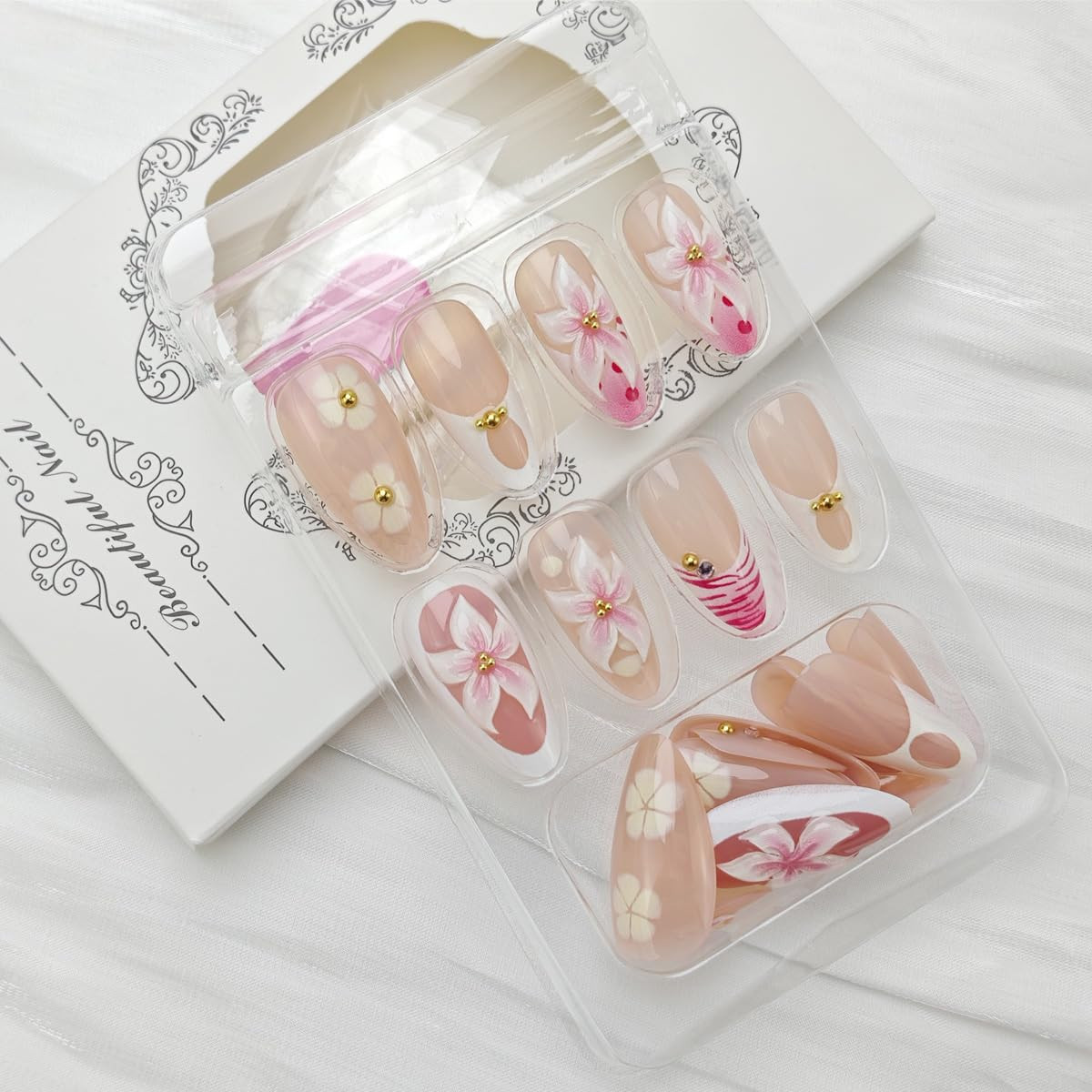 24Pcs Pink Flower Press on Nails Medium Almond Fake Nails 3D Floral with Gold Pe