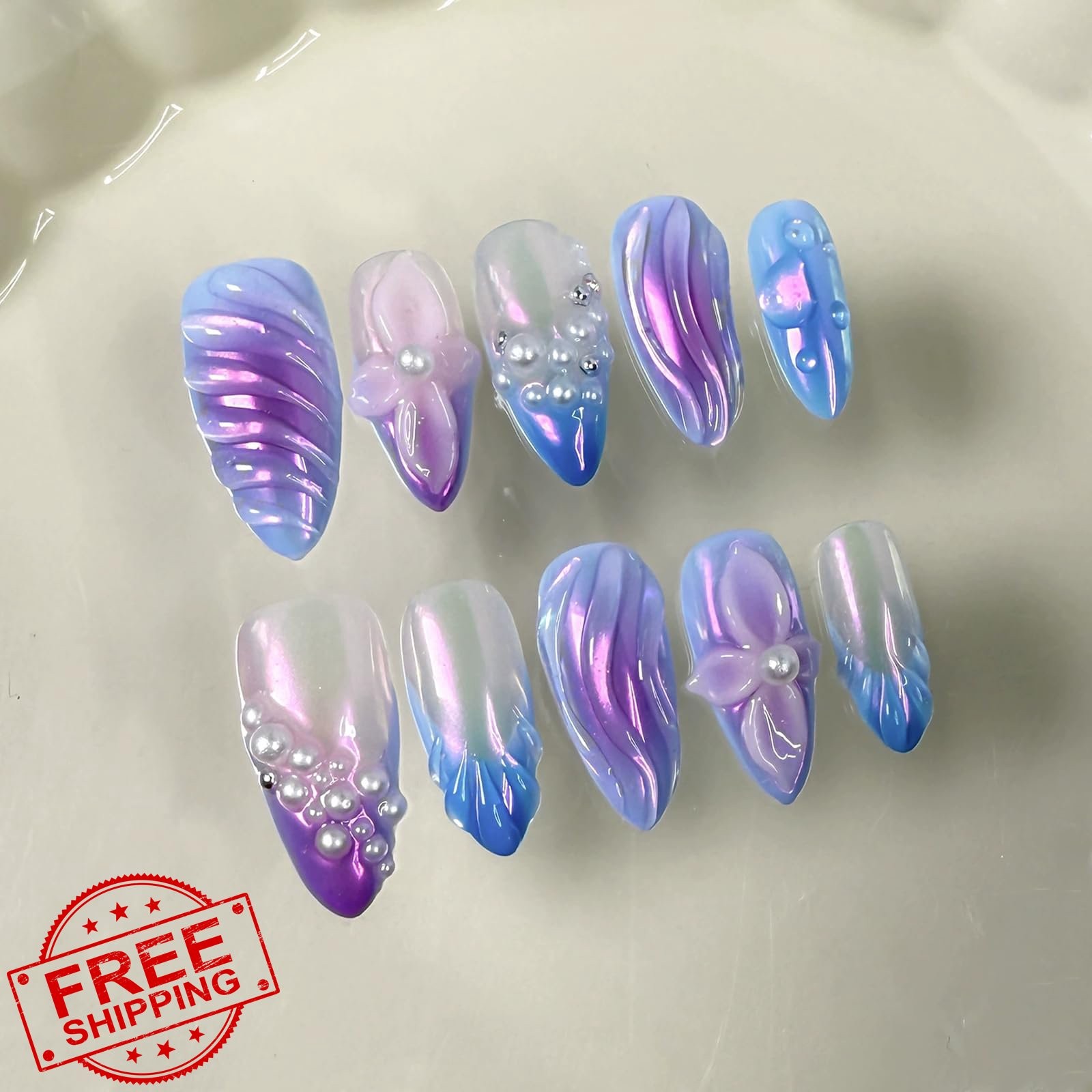 Handmade Press on Nails Almond Purple Flower Pearl Embossed Sparkly M
