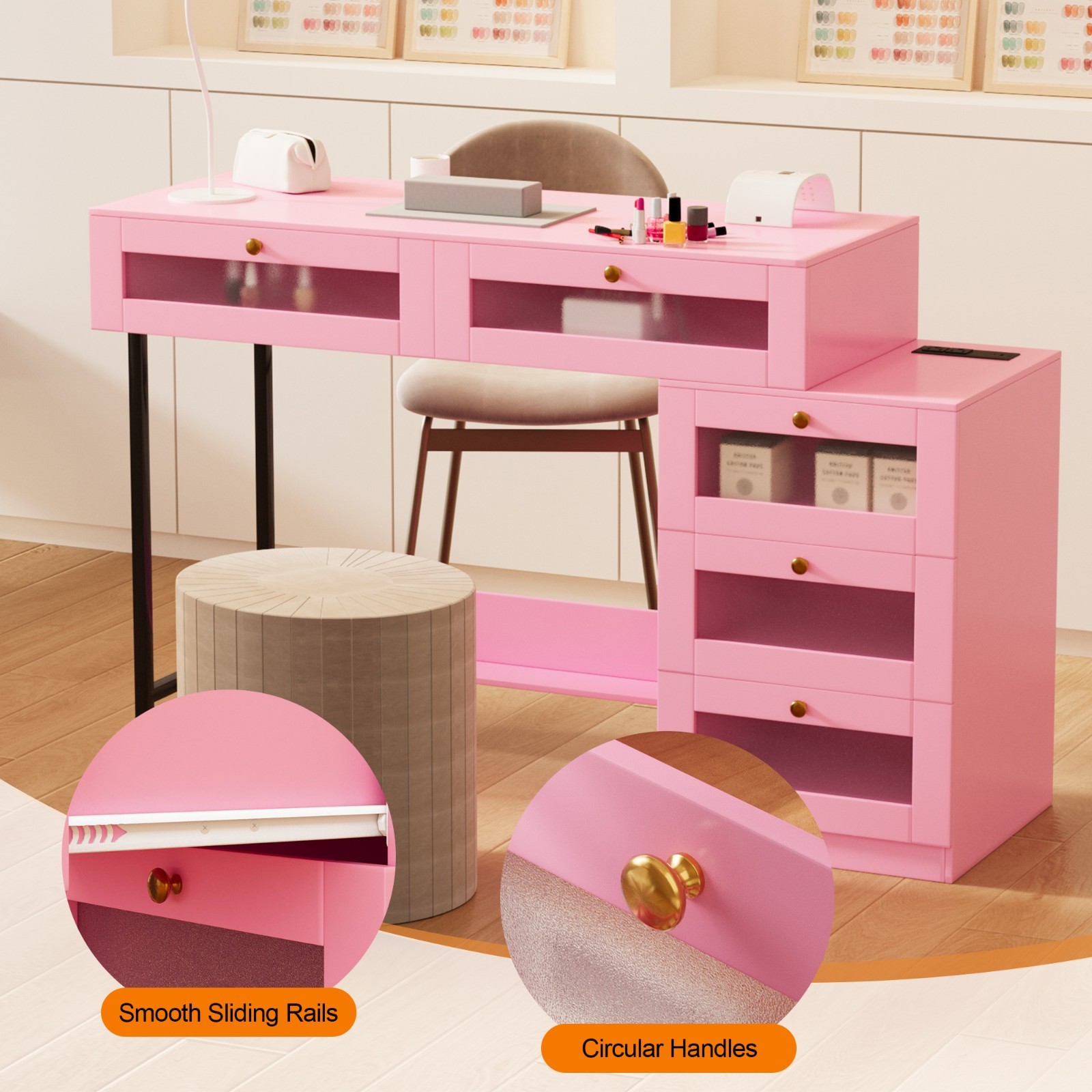 Pink Manicure Table Nail Desk Nail Table Beauty Salon Station w/Storage Drawers