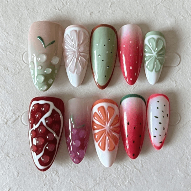 60pcs Almond Press on Nails, Multicolor 3D Fruit Slice Hand Paint Cute Nails