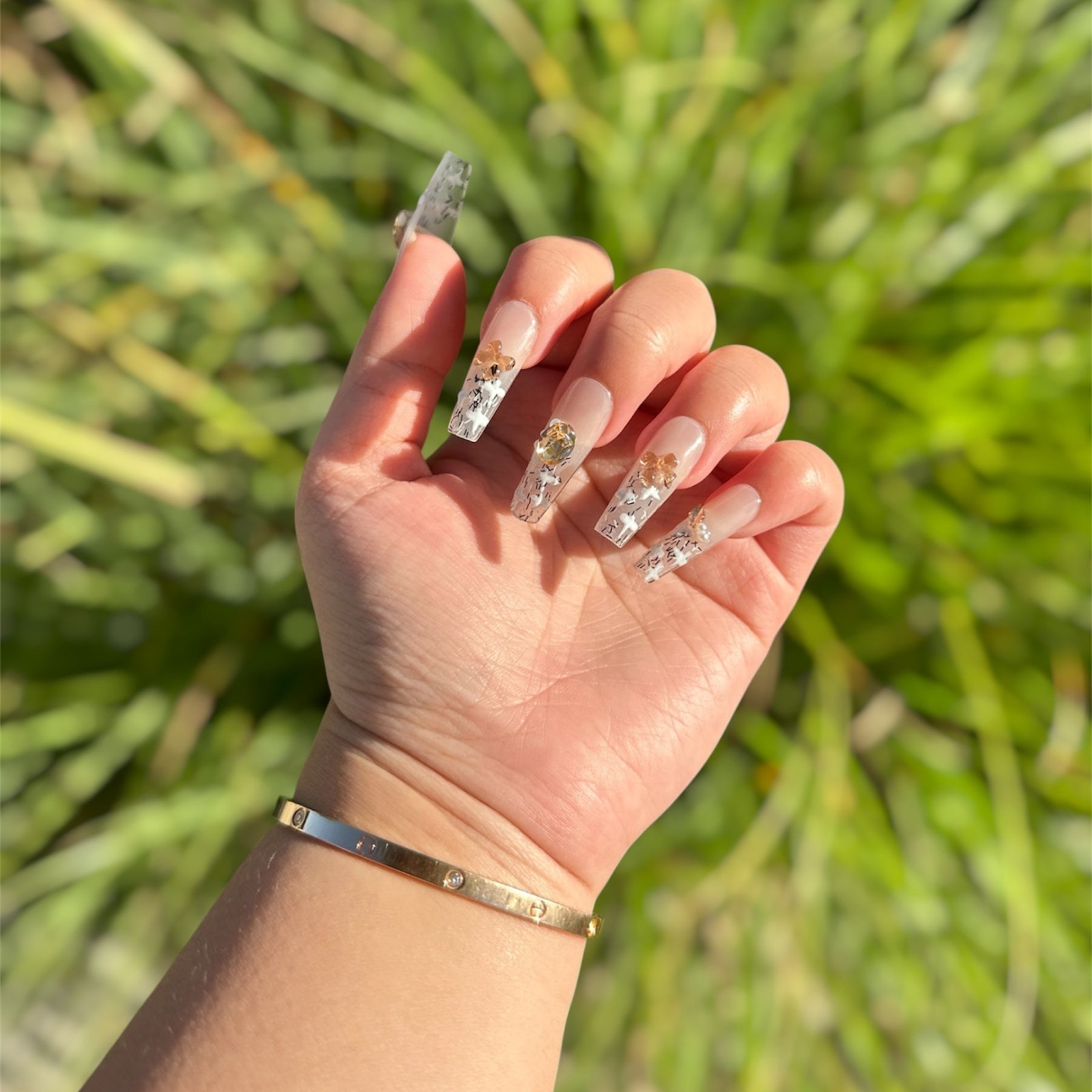 Caramel Latte Sprinkle Handmade Press On Nails Long Coffin Gold Glitter Size M