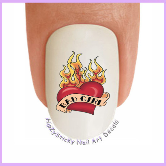 Nail Art 504 SINGLE “Bad Girl Heart Flames” Waterslide Nail Decals Transfers