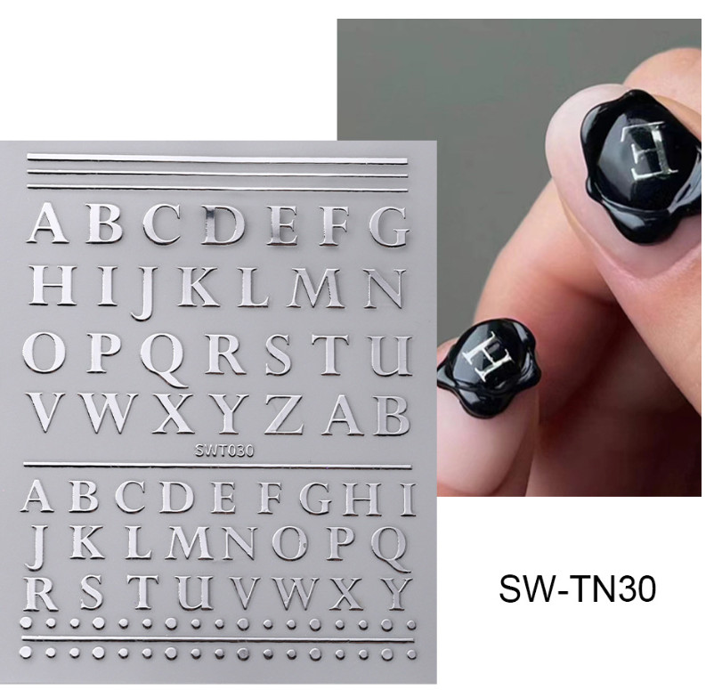 2 Sheets English Letter Number Nail Art Sticker Silver Gold Art Roman Decal NS20