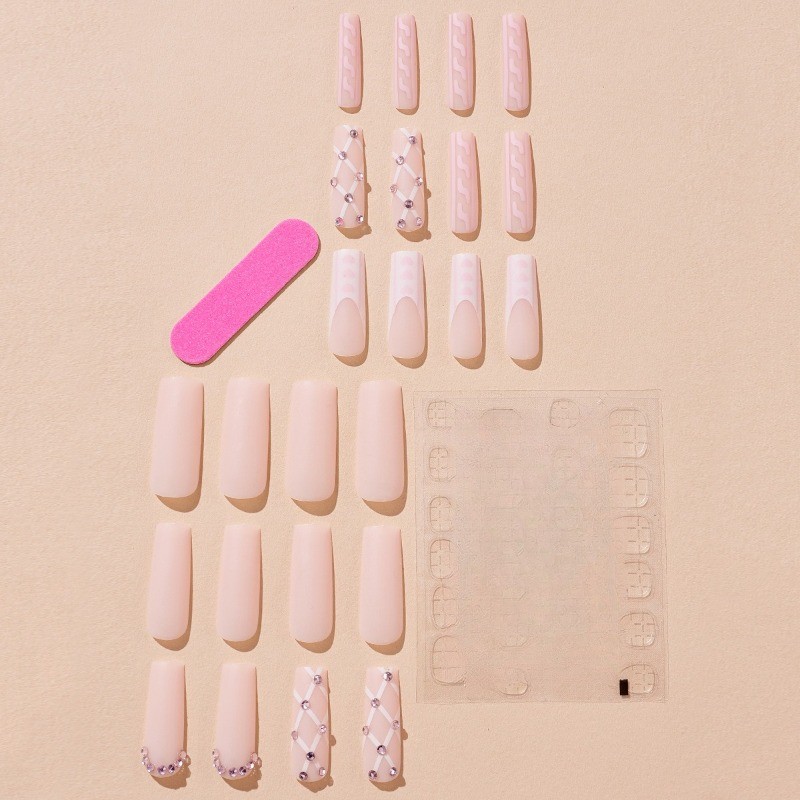 Press on Nail -Sweet Cool Pink White, Extra Long Square Fake Nail, 48 Piece Set