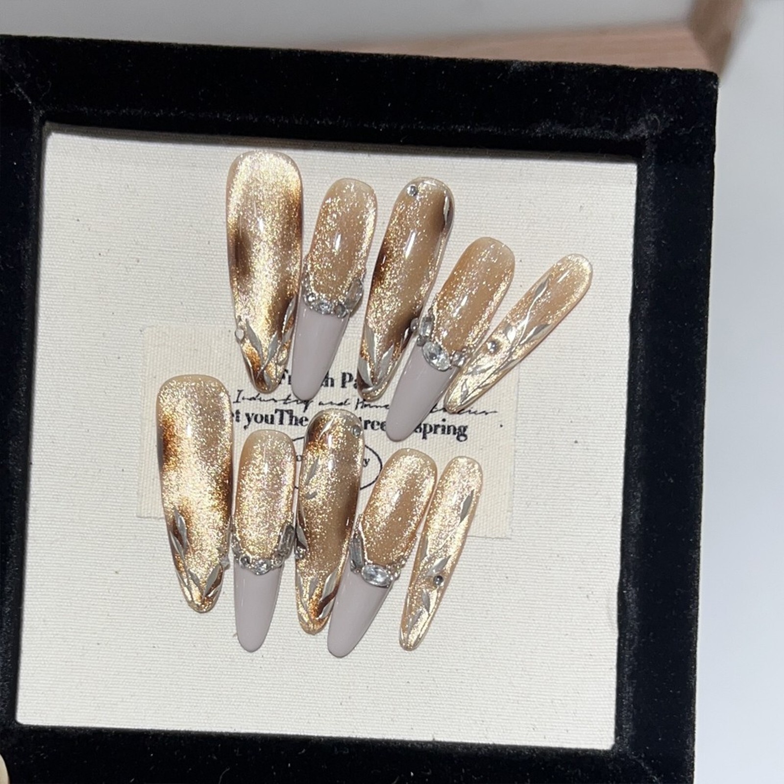 Handmade Amber Leopard Print Cat Eye Diamond False Nail Long Oval Press On Nail