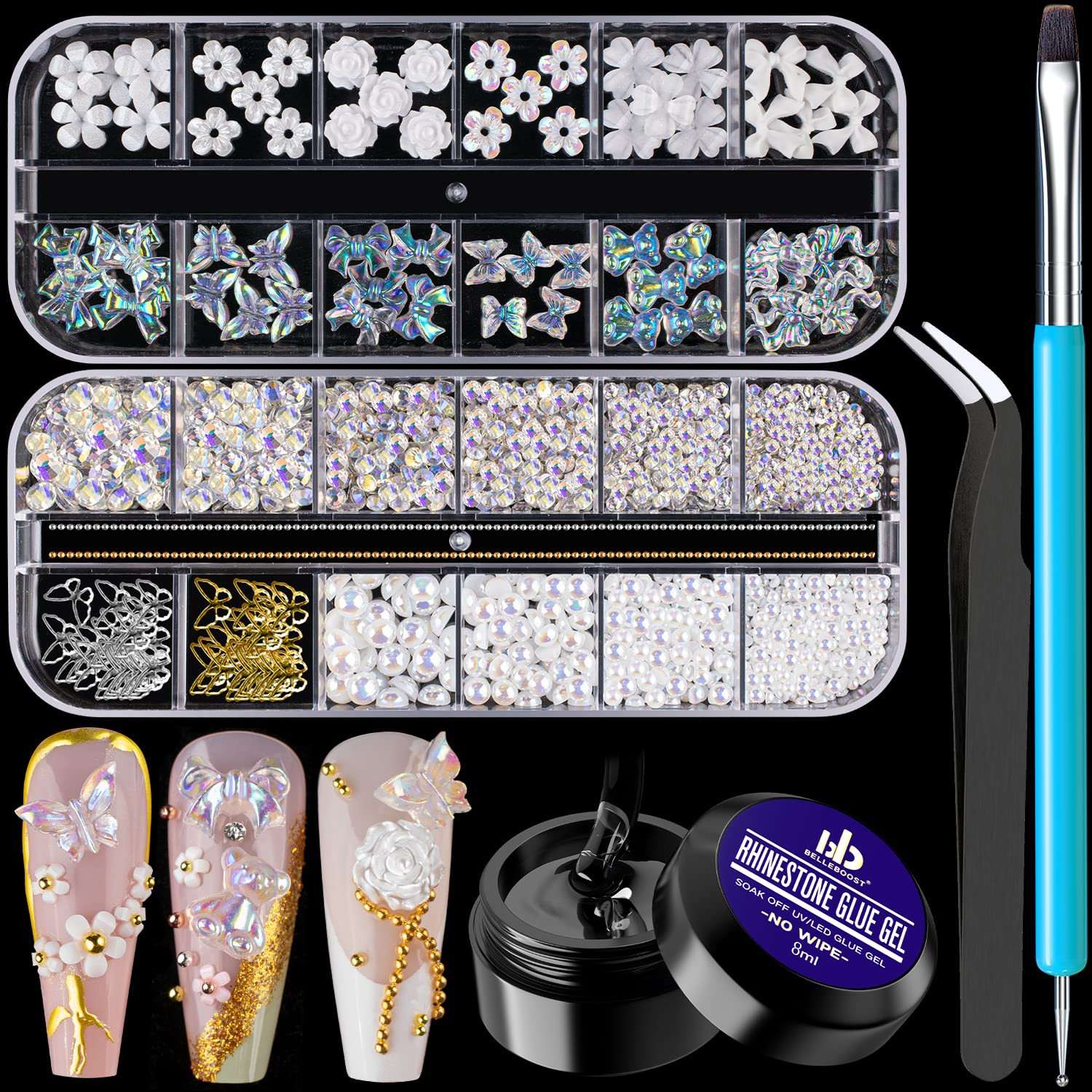 2 Boxes Metal Nail Beads (Silver+Gold) and 3D Flowers for Nail Art, Flatback Pea