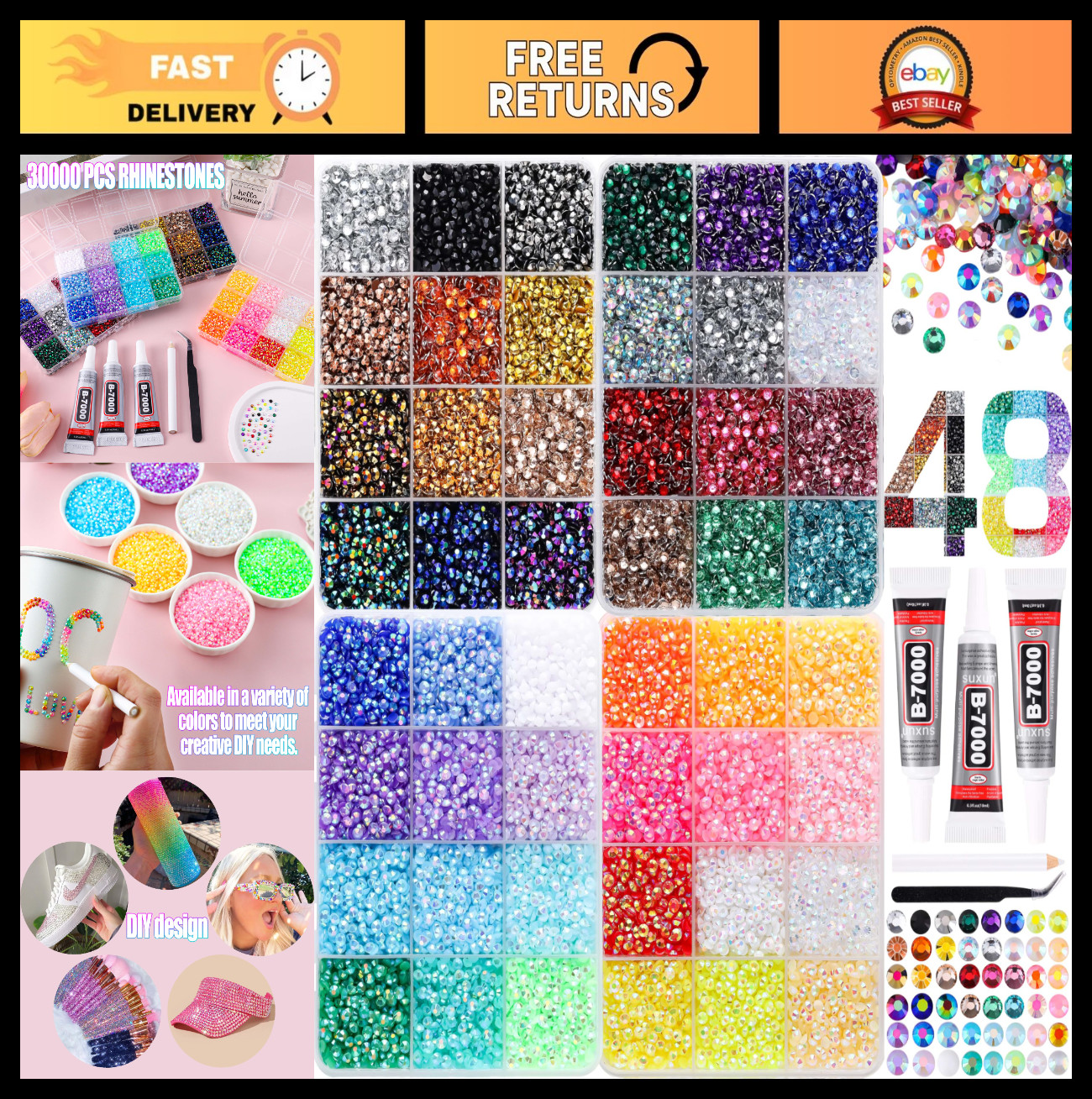 30000 Pcs 3mm Flatback Rhinestones in 48 Colors + B7000 Glue & Tweezers – Nail A